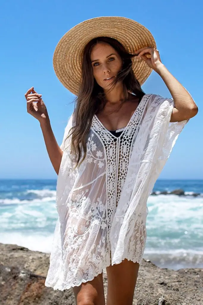 Model wearing a White Lace Crochet Cover Up. Photo taken in Maui.