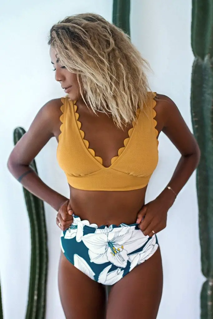Yellow And Floral V-Neck Scalloped Bikini - best swimsuits for women over 50