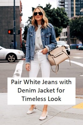 white jeans with denim jacket