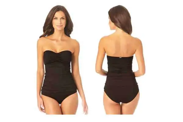 model wearing Anne Cole Solid Twist Front Shirred Bandeau Tankini