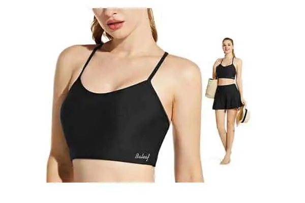 swimsuit model wearing BALEAF Athletic Bralette Modest Bikini. see size guide for recommended fit.