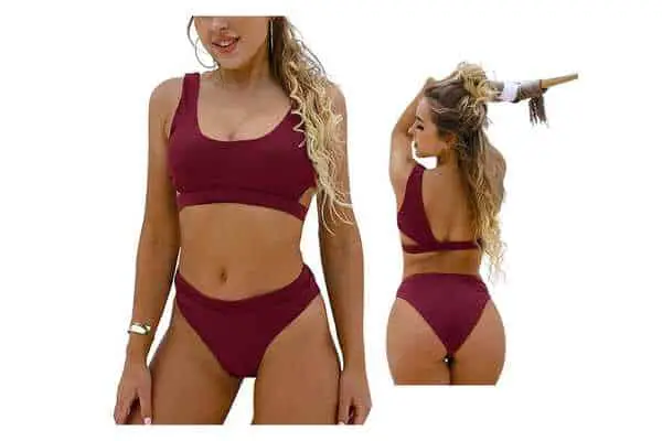 model wearing Blooming Jelly High-Waisted Cheeky Bikini featuring scoop bralette bikini top. see size guide for recommended fit before ordering