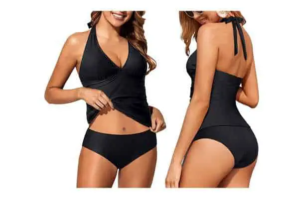 model wearing Holipick Sexy V Neck Top One Piece Swimsuit