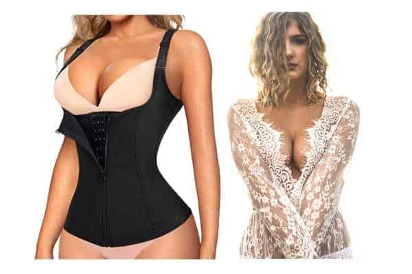 model wearing shapewear bodysuit LODAY Waist Trainer Corset for Weight Loss Tummy Control. Body shapewear for women example. Open bust design