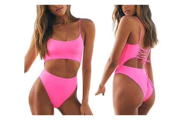 model modest swimsuits wearing pink Meyeeka Scoop Neck Lace Up Back Monokini - one piece swimsuit