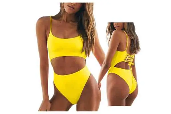 model wearing Meyeeka Scoop Neckline Cut Out Lace Up Back High Cut Monokini. see size guide for recommendations