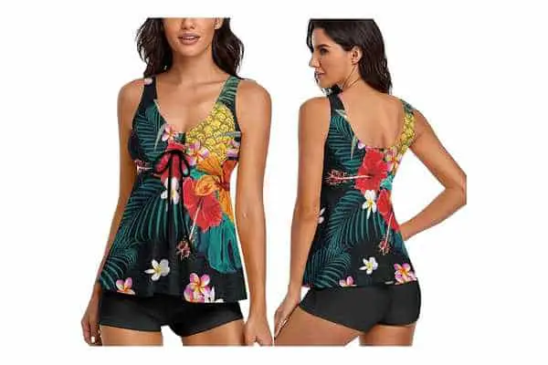 model wearing modest bathing suits Omichic Modest Floral Tankini with Boyshorts