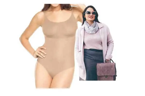 model wearing shapewear bodysuit SPANX Trust Your Thinstincts - Thong Bodysuit with open bust design. Full body coverage