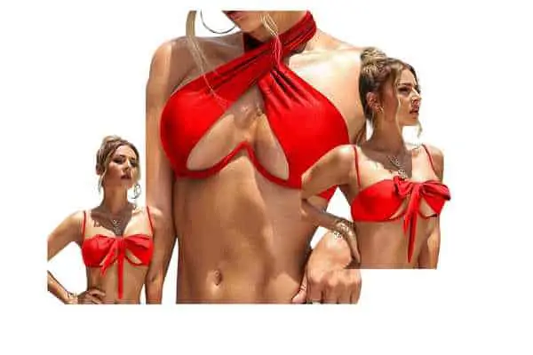 model wearing SheIn Halter Bikini Swimsuit Top Crisscross. Featuring shein swimsuits
