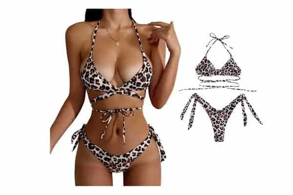 shein swimsuits model wearing SheIn Leopard Print Swimsuit Crisscross