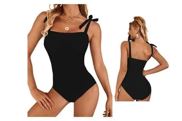 model wearing SheIn One Piece Swimsuit Tie Shoulder Monokini. Shein swimsuits. Get free shipping with Amazon Prime