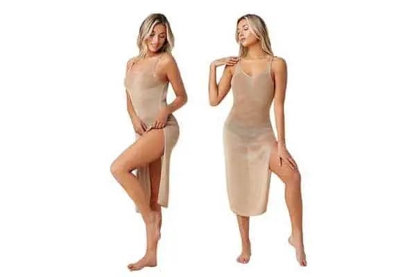 shein swimwear model wearing SheIn Open Back Split Thigh Crochet Beach One Piece Swimsuit.