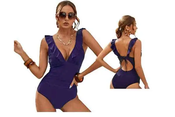shein swimwear model wearing Shein swimsuit  SheIn Plain Ruched Deep V Neck Ruffle Trim Swimsuit. Get free shipping with Amazon Prime