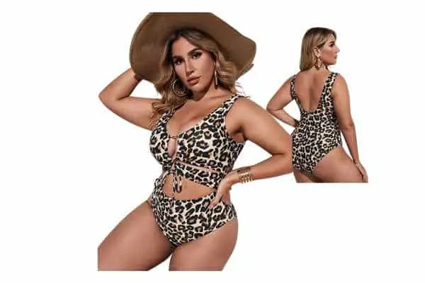 shein swimsuit model wearing SheIn Plus Leopard Cut Out One Piece Swimsuit