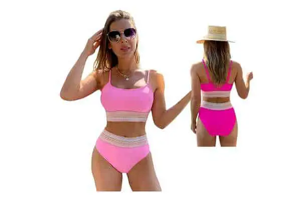 model wearing SheIn Two Piece Color Block High Waist Bathing Suit. suits from shein swimwear