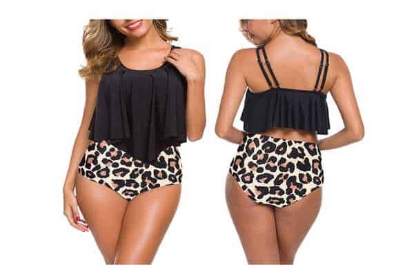 model modest swimsuits wearing SouqFone Two Piece Ruffled Flounce Bikini
