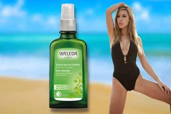 model wearing Weleda Birch Cellulite Body Oil