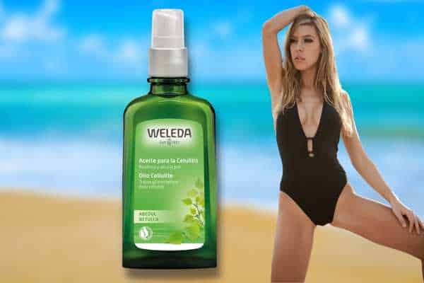 model wearing Weleda Birch Cellulite Body Oil