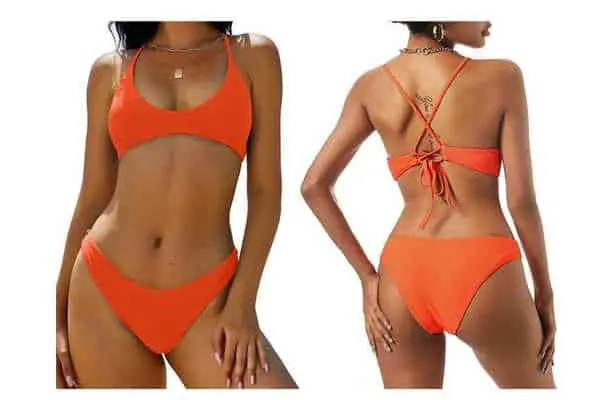 model wearing ZAFUL Scoop Neckline Padded Bralette Bikini. see size guide for recommended fit before purchasing this scoop bralette bikini top set