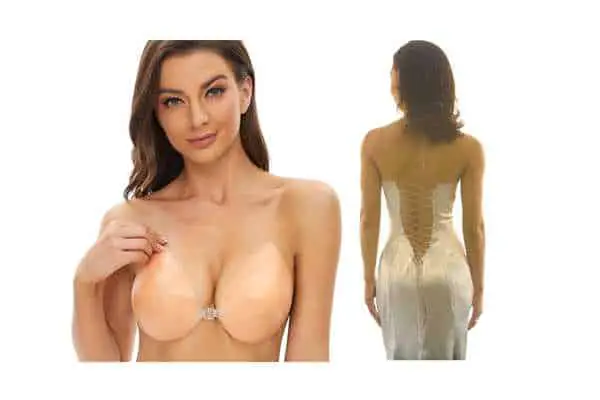 model wearing reusable invisible bra. it comes in a variety of cup sizes and skin tones