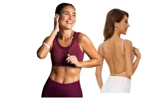 model wearing backless bra with workout clothes.