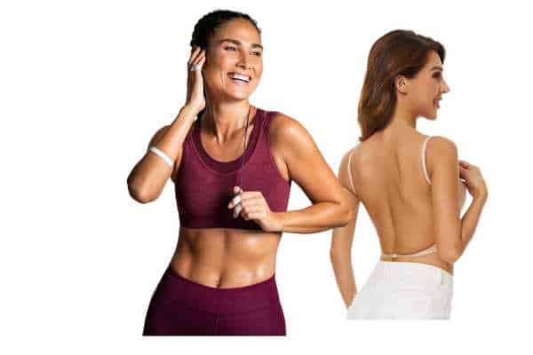 model wearing backless bra with workout clothes. 