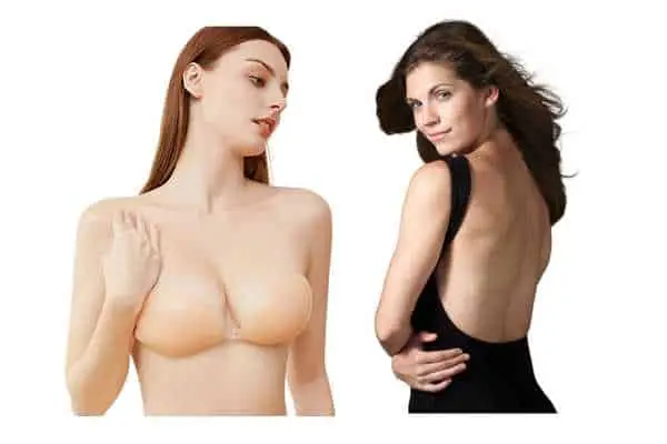 model wearing adhesive nipple covers made with medical grade silicone. 
 the best backless bras are available in a variety of cups sizes and skin tones