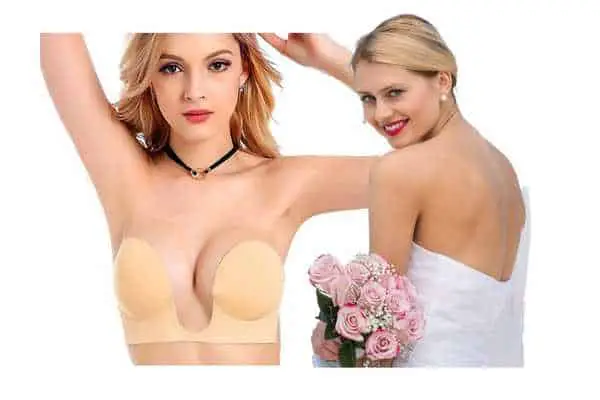 bride wearing a wedding dress and backless bra.
