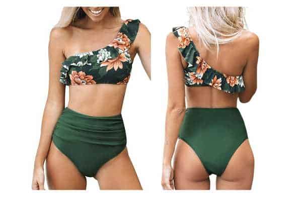 model wearing Bathing Suit High Waisted Tummy Control One Shoulder Ruffle by Cupshe.
