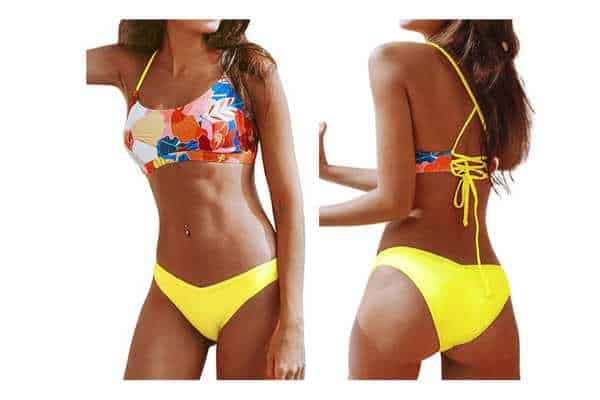 model wearing Bright Floral Print Criss Cross Adjustable Straps Bikini by Cupshe.