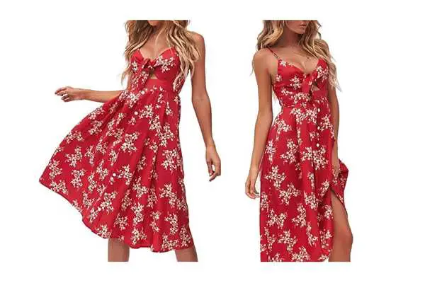 model wearing Floral Print Spaghetti Strap Midi Dress. This summer dress is available in different colors and style. Super flirty for women over 50.