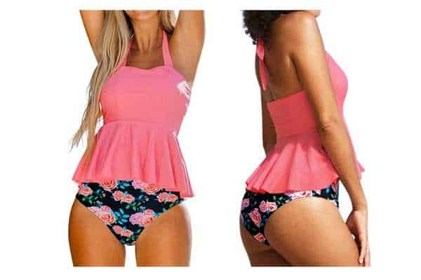 model wearing High Waisted Pink Floral Halter Tankini Swimsuit by Cupshe