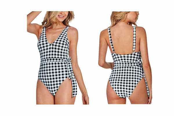 model wearing One Piece Gingham Tie V Neck Bathing Suit by Cupshe.