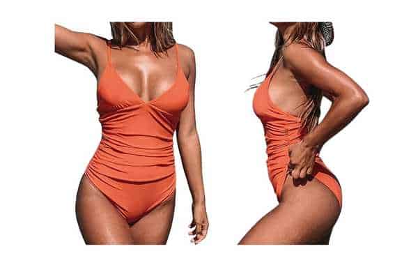 model wearing One Piece Swimsuit Tummy Control V Neck by Cupshe.