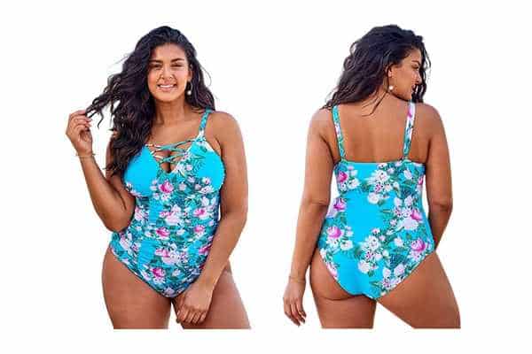 model wearing Plus Size One Piece Bathing Suit Ruched Tummy Control by Cupshe