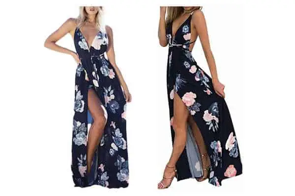 model wearing Sexy Deep V Neck Backless Floral Print Split Maxi Party Dress. Maxi dresses are some of the best summer dresses for women over 50 to keep you coo, feature solid colors or floral print,
