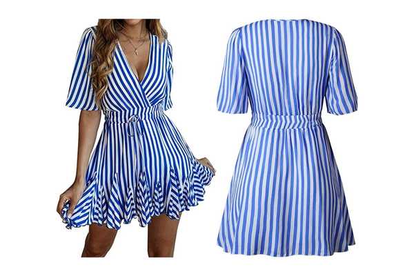 model wearing a Summer Mini Dress with Striped Wrap Ruffle Hem. Casual and flirty. One of the best summer dresses to keep you cool. Comes with short sleeves