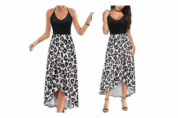 model wearing V Neck Sleeveless Casual Summer Sundresses Floral Maxi Dress. Sleeve summer dress will keep you cook in the summer. A delicious style for women over 50.