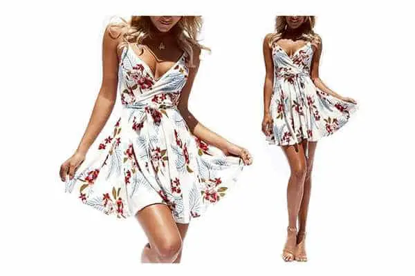 model wearing V Neckline Mini Floral Print Swing Dress with Belt.
