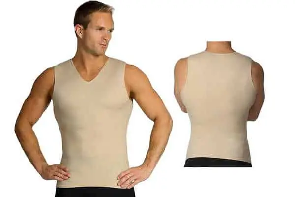 Model wearing Insta Slim Mens Compression Sleeveless V Neck Muscle Shirt- Slimming Body Shaper Undershirt