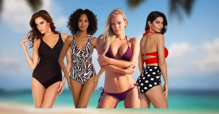 Best Bathing Suits for Your Body Type. Cover photo with 4 swimsuit models on beach
