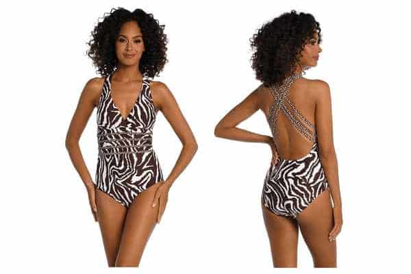 model wearing La Blanca Island Goddess Multi-Strap Cross-Back One-Piece