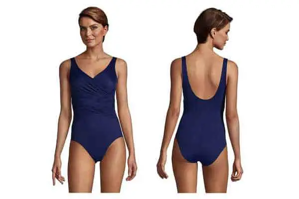 model wearing Lands' End V-Neck Wrap One-Piece Swimsuit, with thick straps and  the perfect monday swimwear.