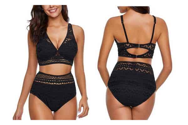 model wearing Luvamia Two-Piece Crochet Lace High Waist V Neck Bikini Set