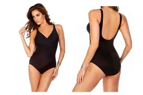 model wearing Miraclesuit Oceanus Tummy Control One Piece Swimsuit. Find swimwear like this and many others a Miraclesuit.