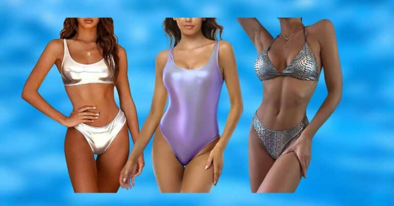 Swimsuit models wearing a shimmer bathing suit