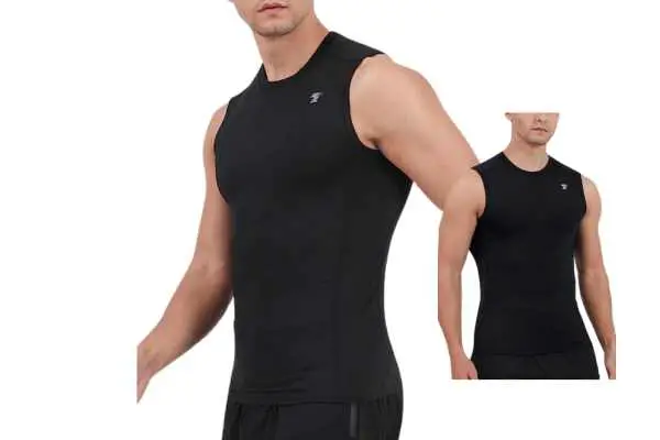 Model wearing Compression Shirts for Athletic Build. Tank top shown