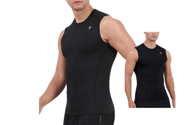 Model wearing Compression Shirts for Athletic Build. Tank top shown