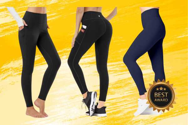 Women wearing different types of fleece lined leggings on an yellow background