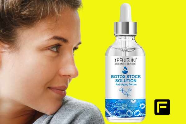Side profile image and a bottle of the Best Liquid Botox Face Cream for Wrinkles and Crow's Feet
